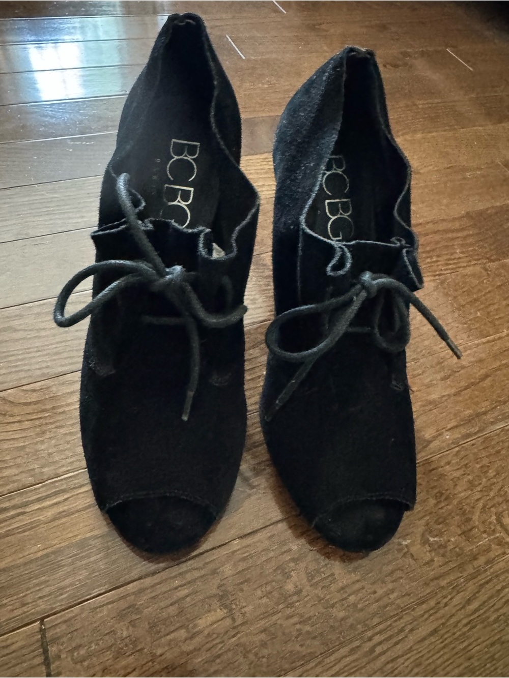BCBG Black Suede Lace-Up Peep-Toe Heels
